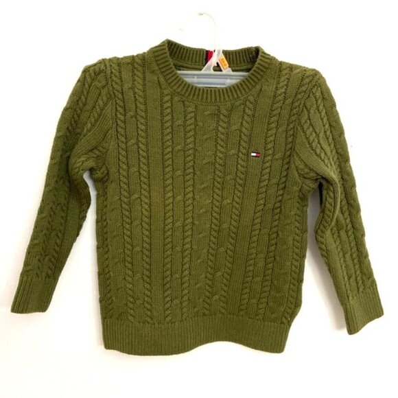 Tommy Hilfiger Green Cable Knit Sweater Boys size 98 (3 yr) Fisherman Pullover - Picture 1 of 5